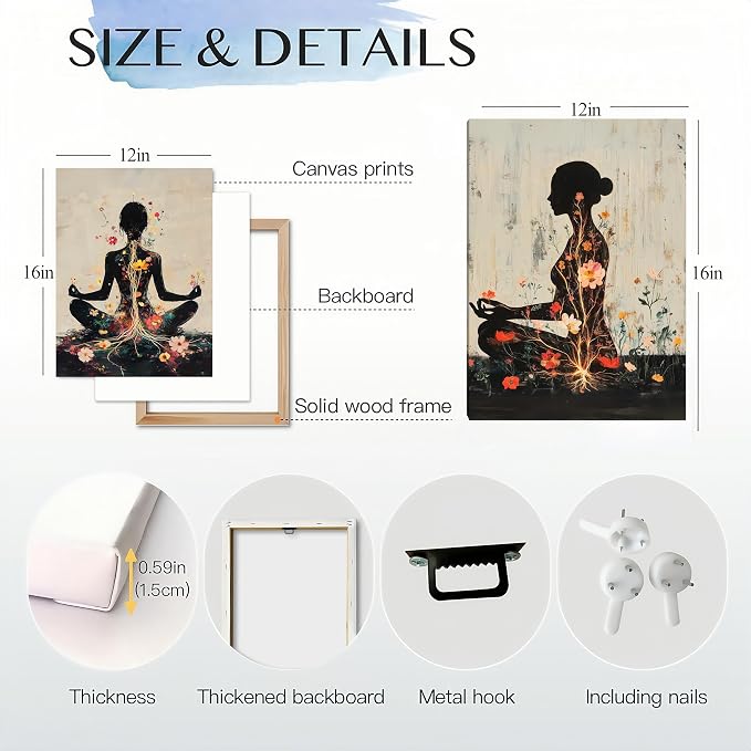 Framed yoga Zen Lotus Canvas Wall Art Set of 3, Meditation Decor 12x16in | Zen meditation wall art with lotus painting prints, floral poster design and Ready to Hang decor for bedroom,yoga room&office