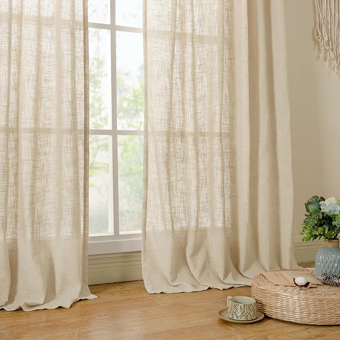 Semi Sheer Linen Curtains 60 Inch Length, Light Filtering Panels | Window Treatment, Bedroom Panels, Farmhouse, Curtains for Living Room, Rod Pocket Back Tab, Linen, 2 Panels, 52 x 60 Inch