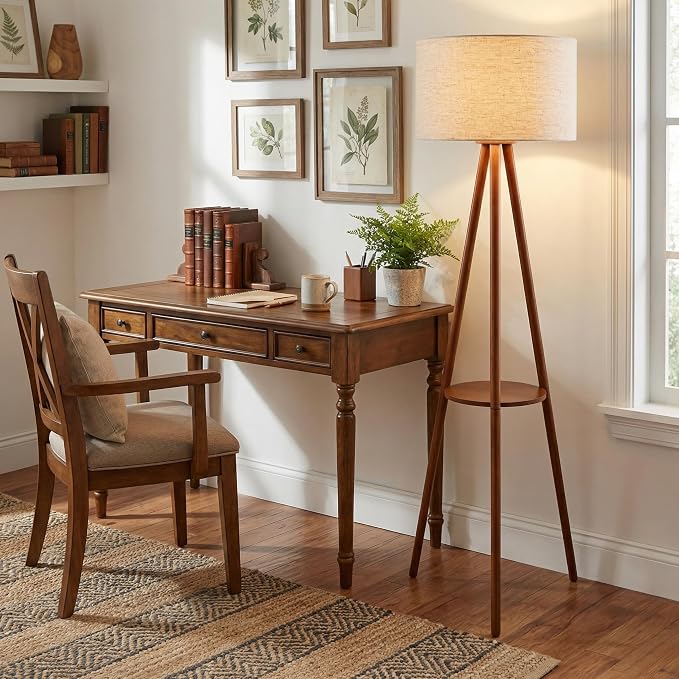 Wood Tripod Floor Lamp: Mid Century Standing Lamp with Shelves