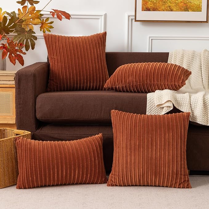 Kevin Textile Striped Corduroy 20”x20” Pillow Covers 2 Pack, Rust