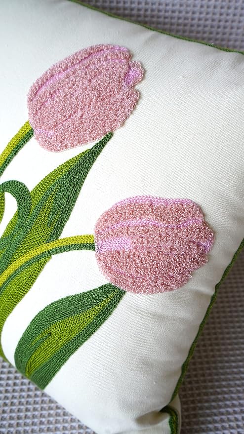 vctops Farmhouse Tulip Cotton Tufted Throw Pillow Cover Spring Floral Embroidery Pillowcase Soft Square Cushion Case for Sofa Couch Bed Chair (Pink,18"x18")