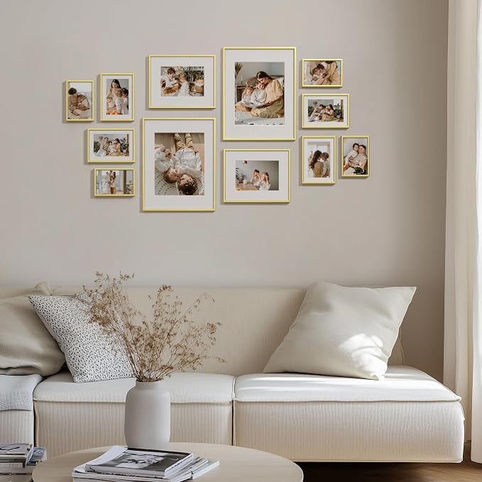eletecpro Aluminum Gallery Wall Frame Set of 12 with Glass Cover, Gold | Including 2Pcs 11x14, 2Pcs 8x10, 4Pcs 5x7, 4Pcs 4x6 Photo Frames, Multiple Sizes Picture Frames Collage Wall Decor, Tabletop
