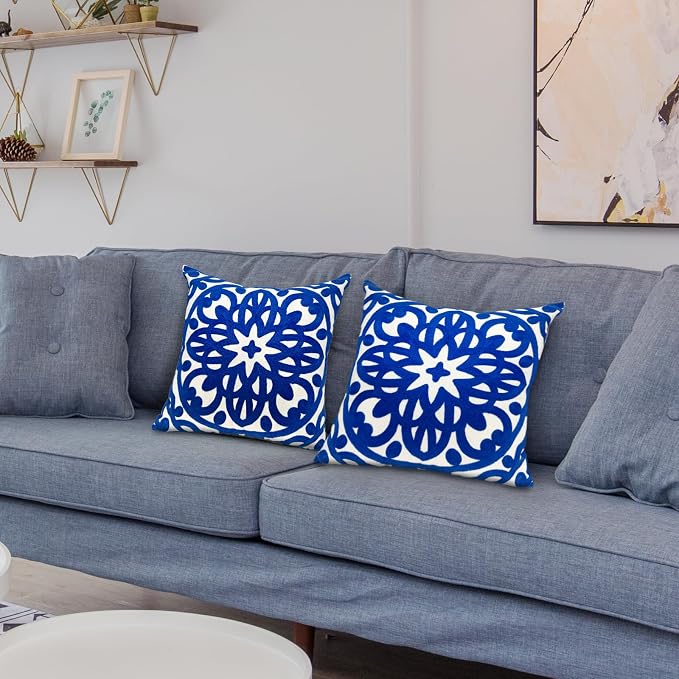 Alysheer Floral Embroidered Spring Decorative Throw Pillow Cover 18"x 18" Set of 2, Boho Mandala Embroidery Royal Blue Patterned Cushion Case for Sofa Couch Living Room Bedroom Outdoor