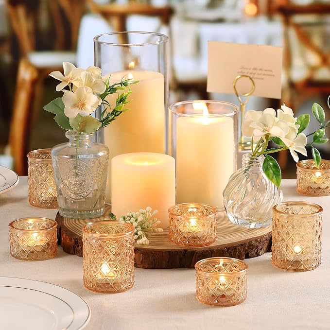 NITIME 24pcs Assorted Gold Votive Candle Holders, Tealight Candle Holders for Table Centerpiece, Green Glass Candle Holder Decor for Wedding, Party & Home Decor