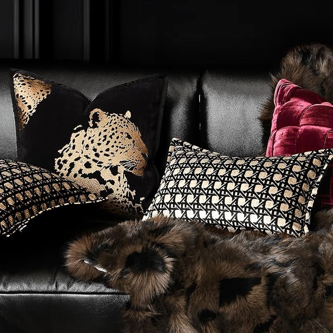 Velvet Lumbar Pillow Covers 12x20 inches, Luxury Gold Geometric Pattern Pillow Cover, Modern Luxury Rectangle Pillow Cushion Covers for Bed Couch Sofa Living Room Bedroom