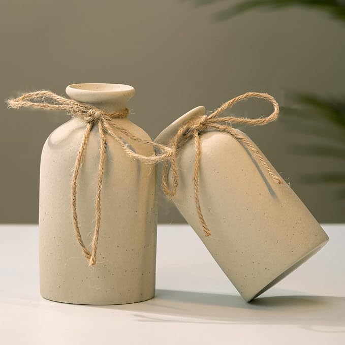 White Ceramic vases Home Decor 2pcs Small vase Set Boho vase Modern Farmhouse Decor (Beige Spot)