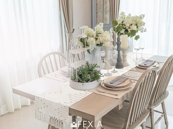 FEXIA Boho Table Runner for Home Decor 12x90 Rustic Macrame Decoration | 90 Inches Long with Tassels Rustic Table Runner Macrame Burlap Centerpieces for Living Dining Room Bedroom for Baby Shower