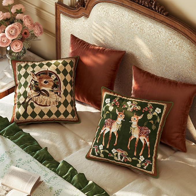 Vintage Christmas Pillow Cover 18x18, Checkered Deer | Designer High End Deer Pillow Cover, Green Velvet Throw Pillow Decorative for Couch Sofa Bedroom Home Holiday