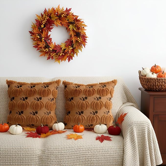 Thmyo Fall Throw Pillow Covers 18x18 inch Set of 2 Pumpkin Decorative Pillow Cases with Embroidery, Soft Plush Faux Fur Wool Square Cushion Covers for Sofa Couch Bed Home Winter Autumn Harvest Decor