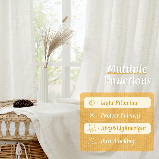 Linen Semi Sheer Curtains 84 inch Long for Living Room, 2 Panels | Light Filtering, Soft, Neutral, Window Treatment, Privacy, Drapes for Bedroom, Farmhouse, Rod Pocket, 52 x 84 Inch, Natural
