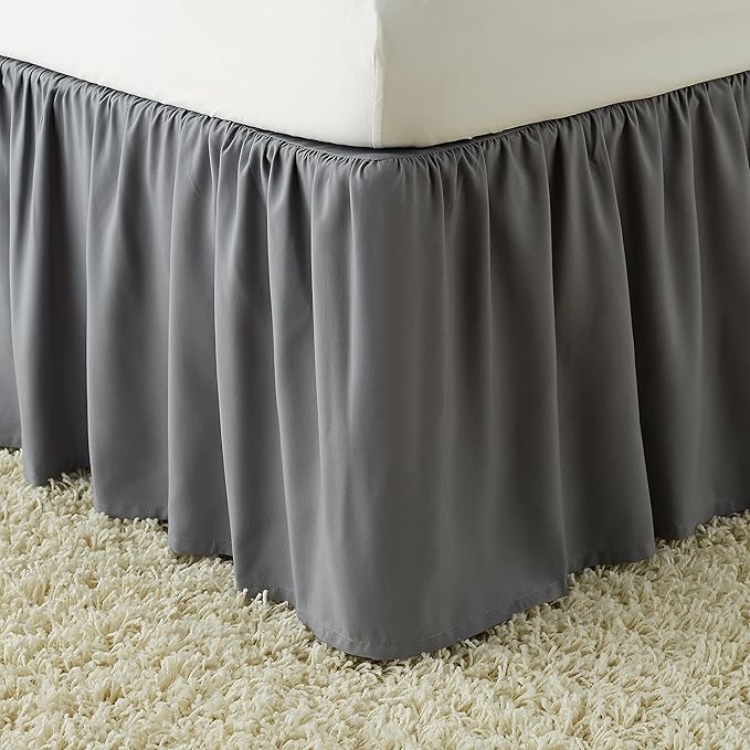 Amazon Basics Wrinkle Resistant Machine Washable Ruffled Bed Skirt, Fade Resistant 100% Microfiber with 16" Drop, Queen, Dark Grey