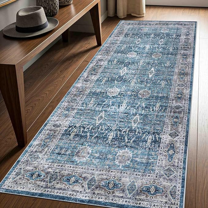 Machine Washable Area Rug, Soft & Durable, Non-Slip, Stain Resistant Rug for Bedroom, Living Room, Dining Room, High Traffic Areas. (Blue/Turquoise, 2.5' X 7')