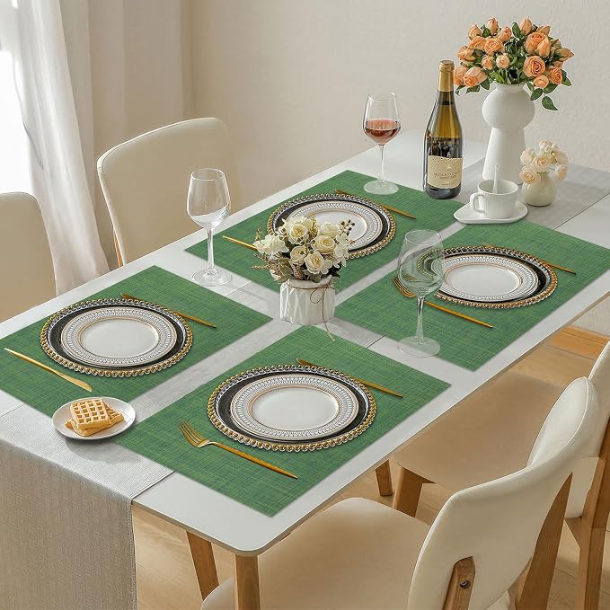 Vinyl Placemats Set of 6, PVC Woven Washable Non-Slip Table Mats, Heat Resistant Wrinkle Free Place Mats for Dining Table, Easy to Clean (6, Green)