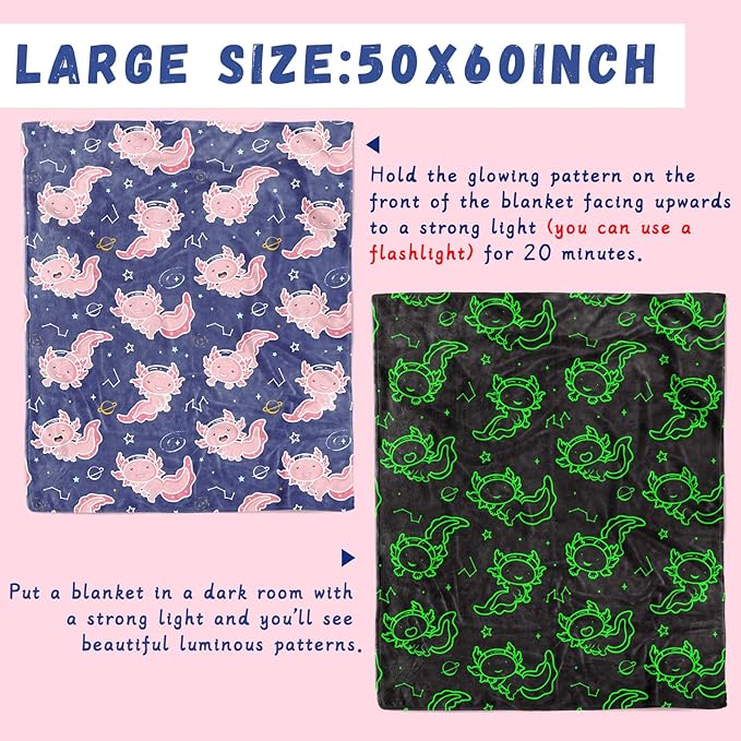 GEULAY Axolotl Blanket Glow in the Dark for Girls, 50x60 inches | Axolotl Birthday Gifts Room Decor, Soft Cozy Plush Fleece, For Couch Bed Travel Car Airplane, Toys for Kids