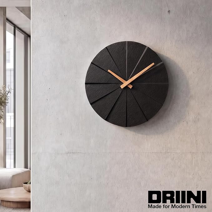 Driini Modern Wall Clock with No Numbers and Wooden Hands. Black,12.5 Inch | Silent battery operated quartz; frameless oversized polyresin face; decorative minimalist style for a living room or office.