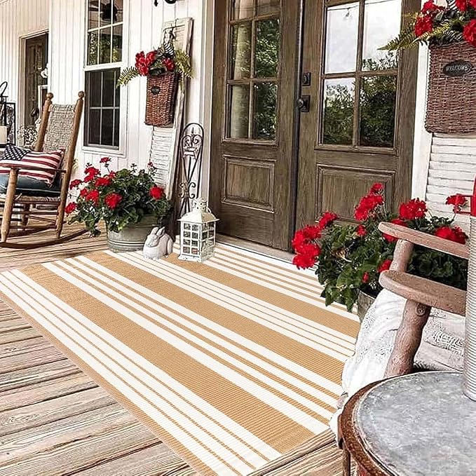 BUAGETUP Khaki and White Outdoor Rug 3'x 5' Hand-Woven Cotton Washable Rug Striped Front Porch Rug Indoor/Outdoor Area Rug Floor Mat for Farmhouse/Layered Door Mats/Living Room