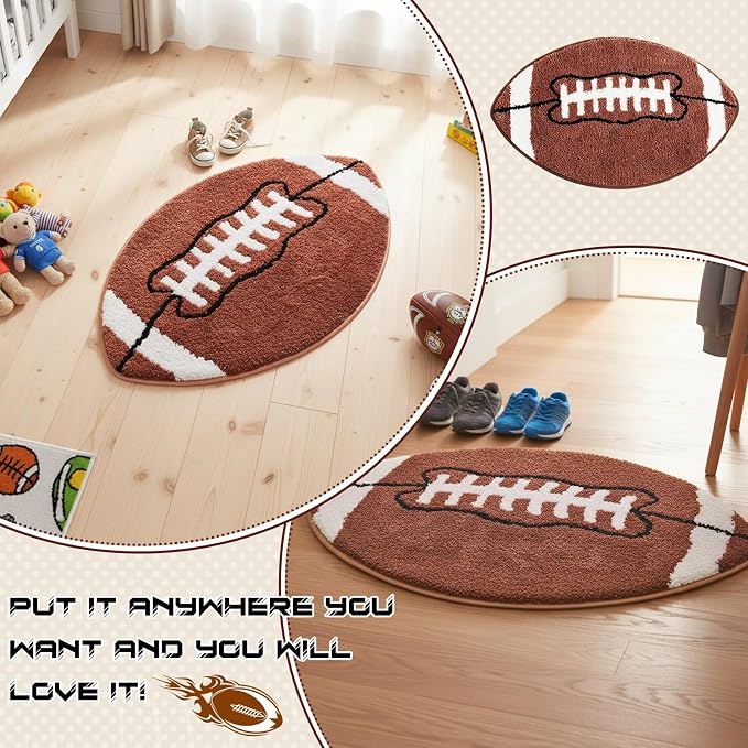 Funtery Football Rug for Boys Room Decor 32x20" Non Slip Absorbent Sports Soft Carpet Field Sports Area Rug Washable Touchdown Mat for Bathroom Playroom Athlete Back to School(Brown, Football)