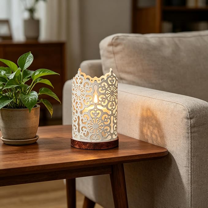 Hosley 7.5" White Metal Candle Holder – Diamond Cut Design Lantern for Home Decor, Weddings, Parties, Events, Gifts & Indoor Outdoor Lighting