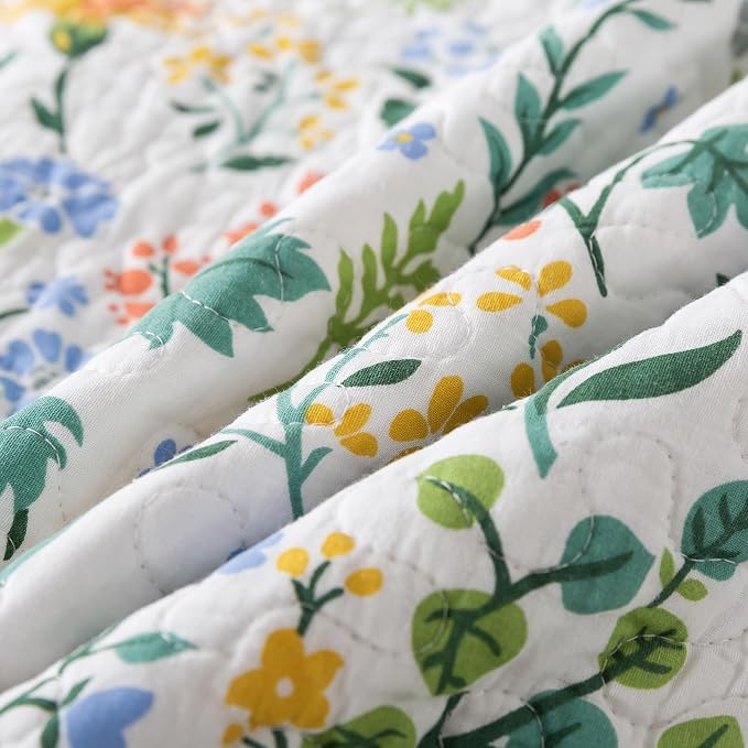 NEWLAKE Cotton Bedspread Quilt Sets-Reversible Patchwork Coverlet Set, Green Classic Floral Pattern, California King Size