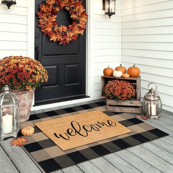 LEEVAN Buffalo Plaid Outdoor Rug, Washable Checkered Front Porch Rug | 27.5x43 Inch Black and Tan Earthy Tones Cotton Woven Farmhouse Decor Neutral Layered Door Mats for Entryway Kitchen Bedroom