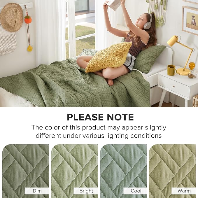 Comfort Spaces Kienna Twin Quilt Bedding Set 2P Olive Green Diamond 66"x90" | Soft Cozy Lightweight Summer Twin XL Coverlet for College Dorm, Quilted Extra Layer, Modern Casual Bedroom Decor, OEKO-TEX