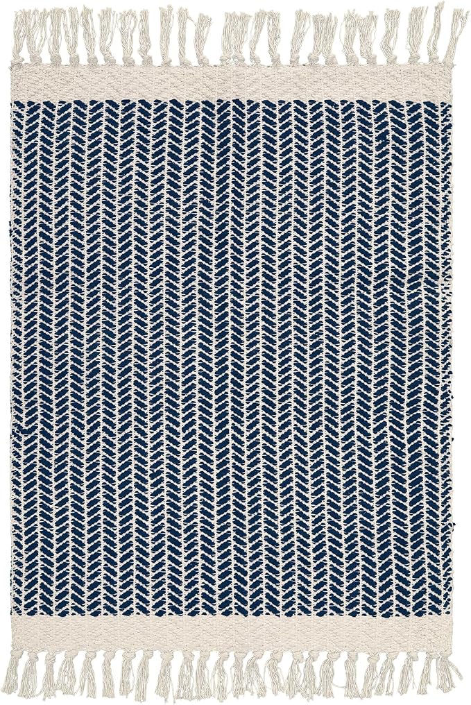 Lahome Boho Bathroom Rugs, 3x5 Washable Area Rug for Kitchen Bedroom Entry | Bath Door Mat with Tassels Woven Cotton, Farmhouse Navy Blue Lightweight Throw Carpet for Entryway Living Room Laundry Decor
