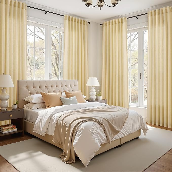 Cream Yellow Linen Curtains 90 Inches Long for Living Room Light Filtering Modern Farmhouse Sheer Curtains Back Tab and Rod Pocket Curtain for Bedroom Office 52x90, 2 Panels