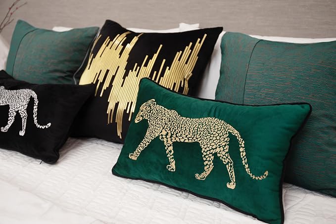 vctops Soft Velvet Embroidery Lumbar Decorative Throw Pillow Covers Leopard Pattern Cushion Case for Sofa Bedroom Couch (Green,12"x20") (Pack of 2)