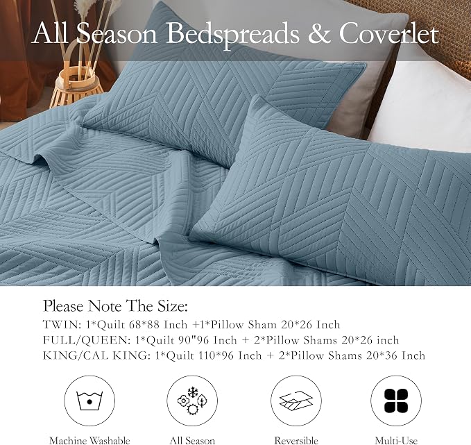 Davulos Twin Quilt Set,Dusty Blue Lightweight Reversible Bedspread for All Seasons,Soft Modern Microfiber Geometric Coverlet for Dorm Room or Guest Bedroom(1 Quilt,1 Pillow Sham)