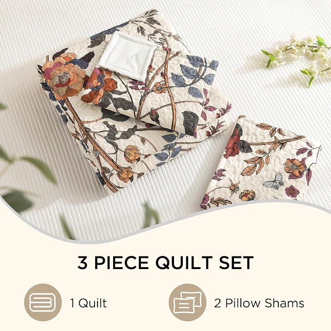Litanika Floral Light Beige Quilt Queen - 3Pcs Botanical Birds Bedding Set | Bedspread Summer Lightweight Soft Coverlet with Blue Flower for All Seasons (96"x90")