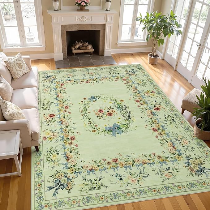 Joydeco Boho Bow Floral 9x12 Rug for Living Room Bedroom, Beige Machine Washable Area Rug for Bedroom Girls Nursery, Non Slip Indoor Carpet for Playroom Kids Dining Room Dorm Classroom, Beige