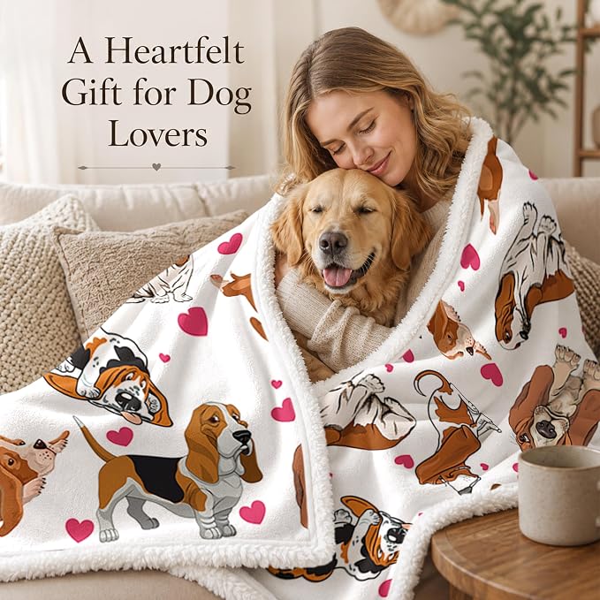 BlessLiving Throw Blanket, White Brown Dog Animal, 60x80 in | sherpa fleece fabric, Basset Hound Dense Pet Blankets Puppy print, for couch or sofa, pet lovers, easy machine care
