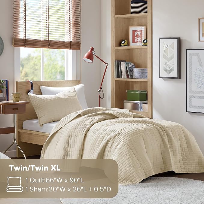 Comfort Spaces Kienna Twin Quilt Bedding Set 2 Piece, 66"x 90" Ivory | Soft Cozy Lightweight Summer Twin XL Coverlet for College Dorm, Quilted Extra Layer, Modern Casual Bedroom Decor, OEKO-TEX