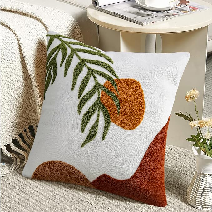 Merrycolor Boho Decorative Throw Pillow Covers 18x18 Tufted Green Decorative Pillows Covers Sun Leaf Mid Century Modern Throw Pillows for Bed Couch Sofa Living Room 1PC