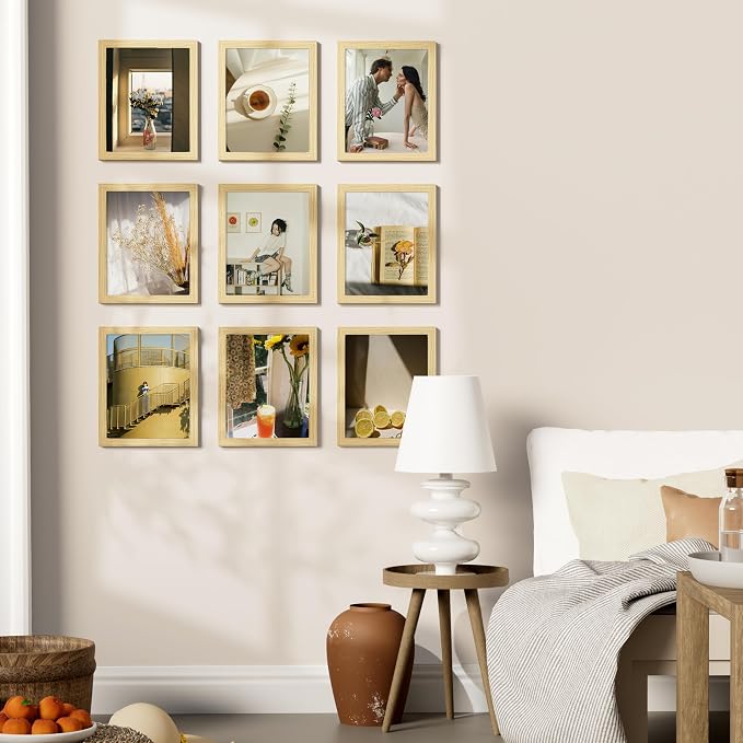Vittanly 8x10 Picture Frames Set of 9 for Wall or Tabletop Display, OAK | Display Pictures 5x7 with Mat or 8x10 without Mat, Small Photo Frames, Engineered Wood with Shatter Resistant Plexiglass