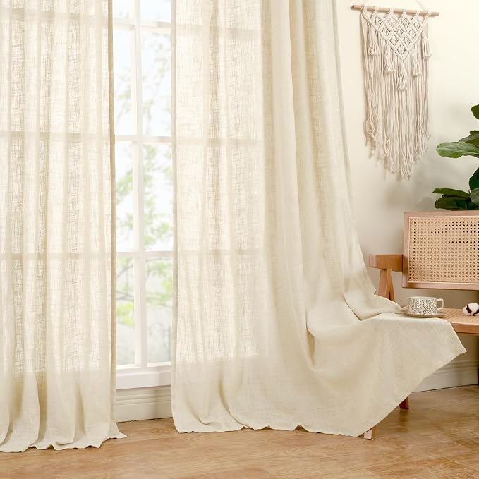 Semi Sheer Linen Curtains 54 Inch Length 2 Panels, 52 x 54 Inch | Beige, Light Filtering Panels, Linen Textured, Neutral Drapes for Kitchen Window, Bedroom, Dining Room, Rod Pocket Back Tab