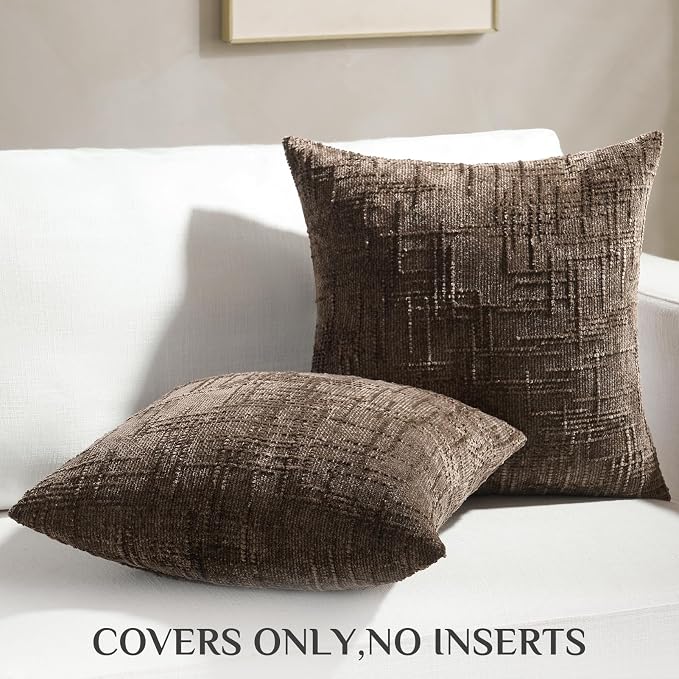 Softalker Textured Chenille Throw Pillow Covers Set of 2, 18x18 Brown Decorative Cushion Covers, Soft Cozy Slubby Texture for Modern Farmhouse Sofa Couch Bed