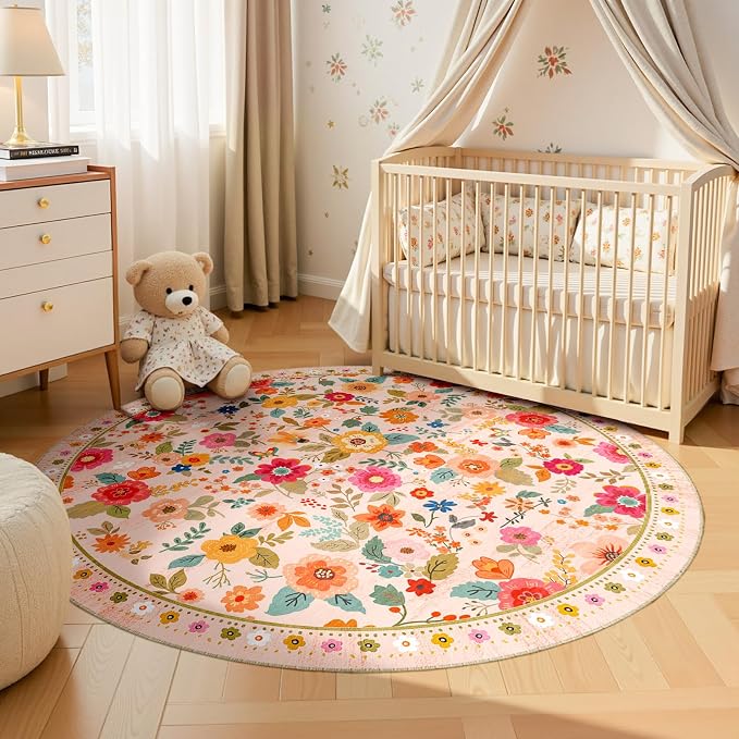 Washable Floral Area Rug for Living Room Round 4ft Pink Beige | Non-Slip,Vacuum-Friendly, Low Pile, Flower Carpet for Bedroom Kitchen Entryway Dining Room Office Nursery