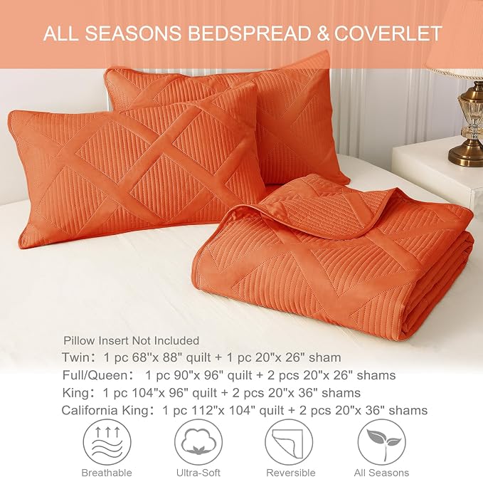 Exclusivo Mezcla Twin Size Quilt Set, Burnt Orange | Soft Bedspreads with 1 Pillow Sham, Modern Striped Pattern, Lightweight Bedding Set Coverlets for All Seasons, 68x88 Inch