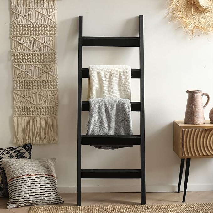 FUIN Blanket Ladder, 5ft Angled rungs Rustic Solid Wood Decor Rack, Black | 5 rungs, farmhouse quilt display holder, organize towel, leaning wall, bathroom and living room use, knocked down side rail