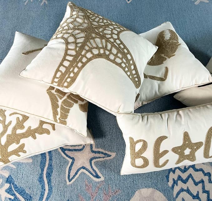 Embroidered Crab Throw Pillow Cover,Square 18 Inches Decorative Crab Canvas Pillow Cover for Nautical Style Deco by (Wheat-Crab-New)