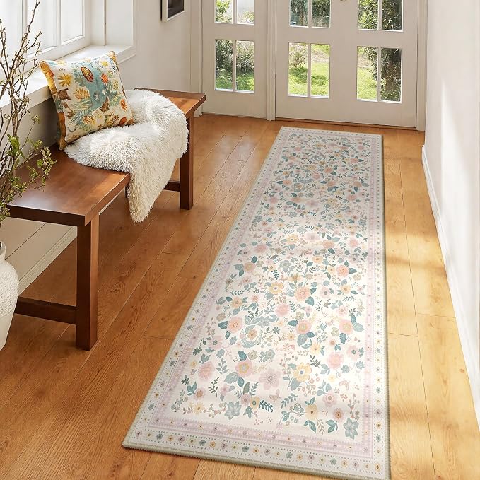 Washable Floral Area Rug for Living Room Runner 2x6 Light Beige | Non-Slip,Vacuum-Friendly, Low Pile, Flower Carpet for Bedroom Kitchen Entryway Dining Room Office Nursery
