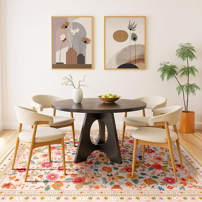Washable Floral Area Rug for Living Room 3x5 Pink Beige | Non-Slip,Vacuum-Friendly, Low Pile, Flower Carpet for Bedroom Kitchen Entryway Dining Room Office Nursery
