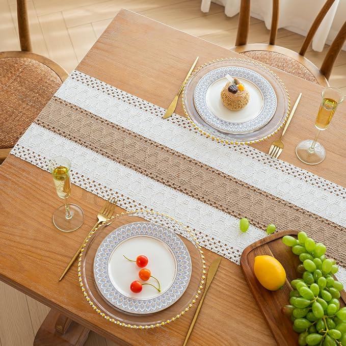 FEXIA Boho Table Runner for Fall Home Decor 12x72 Burlap with Tassels | 72 Inches Long Farmhouse Kitchen Dining Room Macrame Burlap Coffee Table Decoration Dresser Runner Pottery Barn Furniture