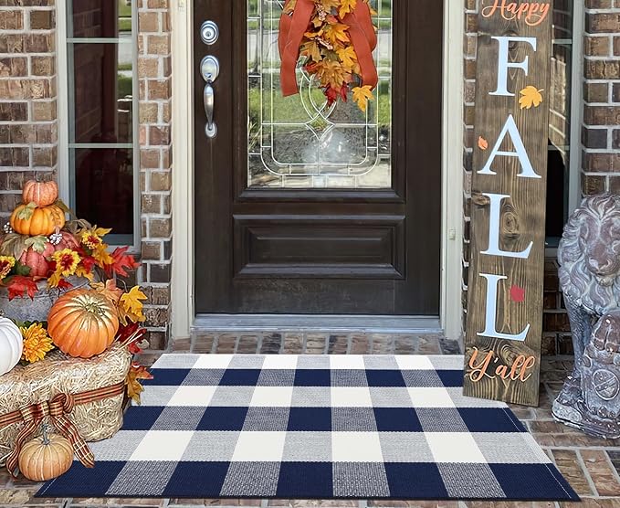 Front Door Mat Outdoor 24''x35''Blue and White Buffalo Plaid Area Rug Machine Washable Cotton Woven Layering Doomat for Hello/Welcome Mat Porch,Kitchen,Farmhouse,Entryway,Bedroom