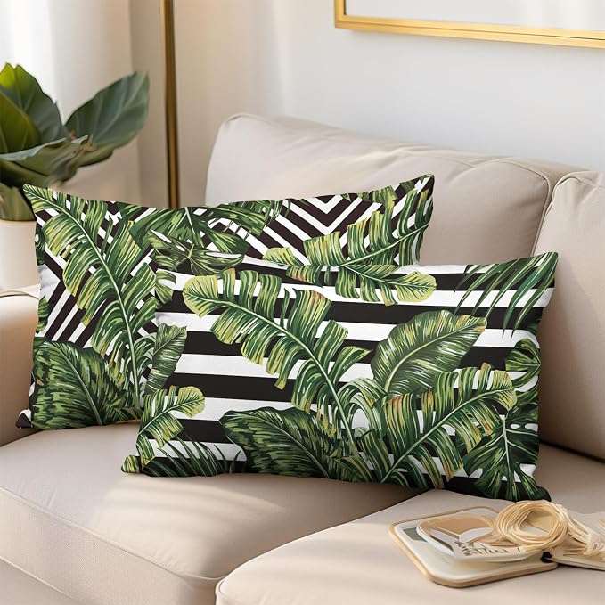 Tropical Leaves Lumbar Pillow Covers Set of 2 Summer Palm Leaves Rectangle Pillow Case 12x20 Black and White Geometric Waist Throw Pillow Covers for Living Room Sofa