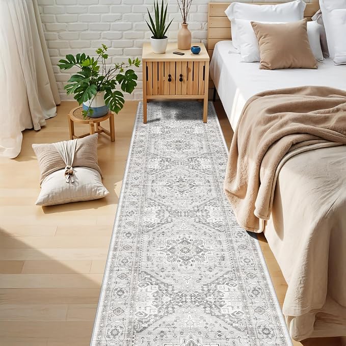 Washable Kitchen Runner Rug 2x10: Non-Slip Hallway Runner Low Pile Durable Stain Resistant Carpet For Entryway Indoor Soft Vintage Home Decor Gifts for Family-Oriented Women/Newlyweds(Grey/White,2x10)