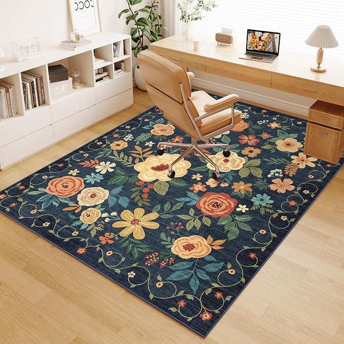 DUKINO 4x5 Area Rug for Entryway, Floral Washable Rug Non Slip, Navy Blue | Low Pile, Lightweight, Soft Indoor Carpet for Bedroom, Kitchen, Living Room, Nursery, Pet Friendly, Non-Shedding, Home Decor