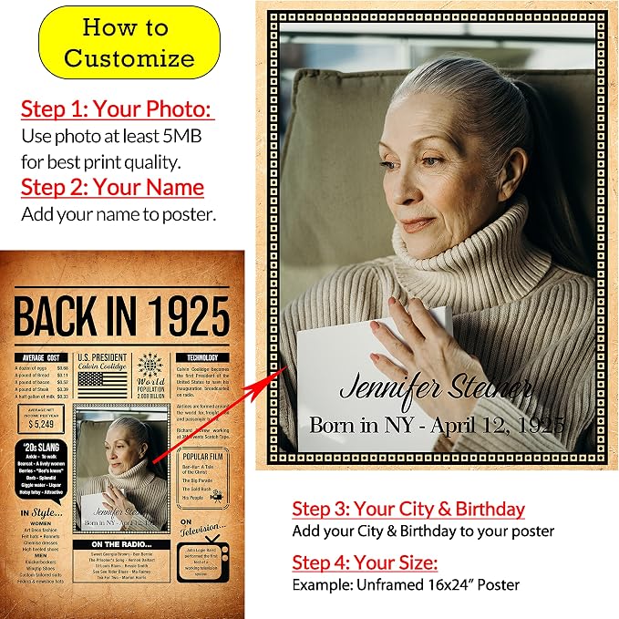 Back in 1925 Poster Sign, Personalized Birthday Gifts Idea, Custom 1925 Historical Birthday Newspaper, Born in 1925 Birthday Party Decorations, Fun Fact for the Day You Were Born, Decor Art Print