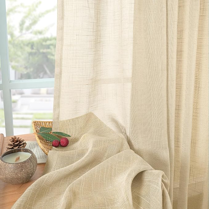YoungsTex Tan Linen Semi Sheer Curtains 34 X 40 Inch for Kitchen Window | Short Drapes Textured with Rod Pocket Back Tab Lightweight for Bathroom Window Over Sink, 2 Panels
